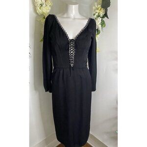 Vintage 1970s Jack Hartley Miami‎ Black Corset Cocktail Midi Rhinestone Dress XS